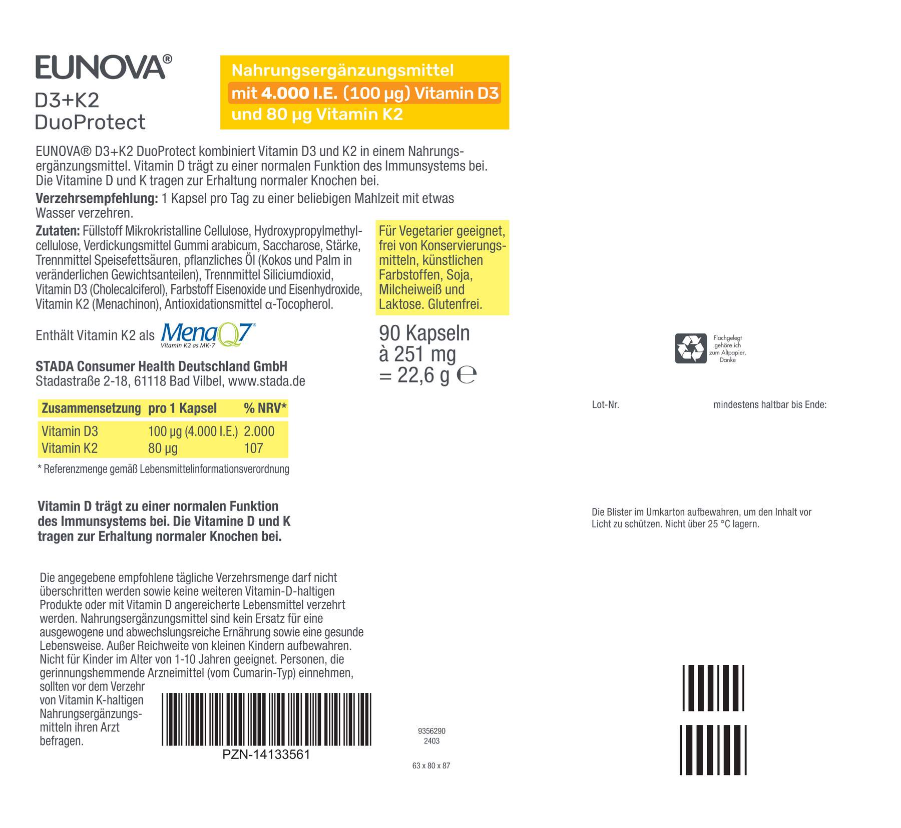 Eunova DuoProtect D3 + K2 4000 I.E. 90 Kapseln
