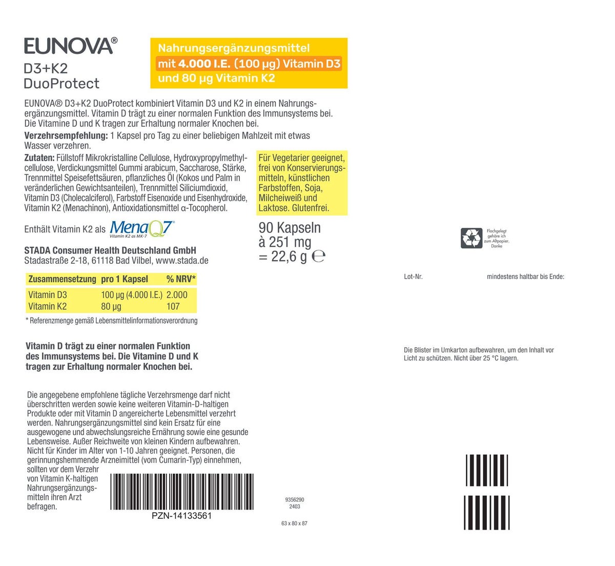 Eunova DuoProtect D3 + K2 4000 I.E. 90 Kapseln