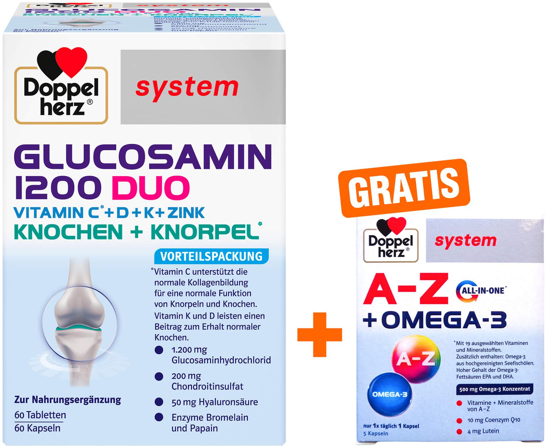 Doppelherz system Glucosamin 1200 Duo 120 Tabletten + gratis Doppelherz A-Z + Omega-3 all-in-one system 5 Kapseln