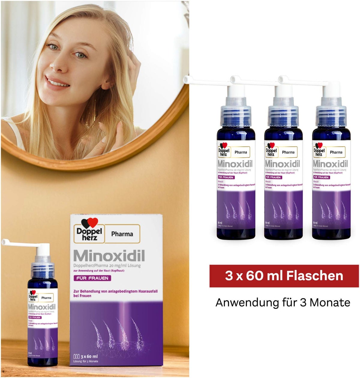 Minoxidil Doppelherz Pharma 20 mg je ml 3 x 60 ml Lösung für Frauen