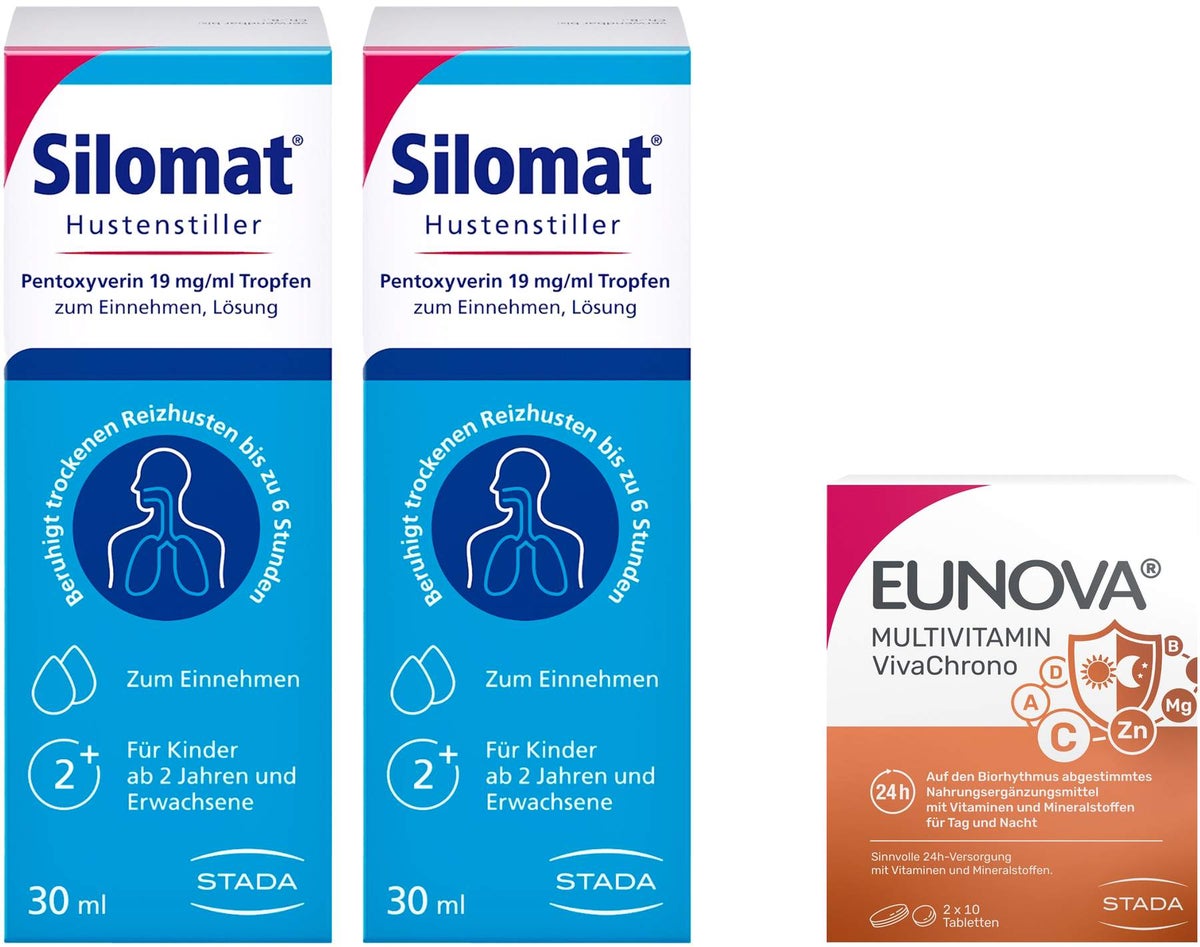 Silomat Hustenstiller Pentoxyverin 19 mg je ml 2 x 30 ml Tropfen + gratis Eunova VivaChrono 2 x 10 Tabletten