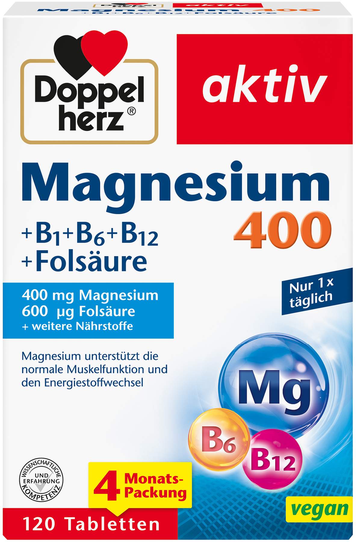 Doppelherz aktiv Magnesium 400 + B1 + B6 + B12 + Folsäure 120 Tabletten