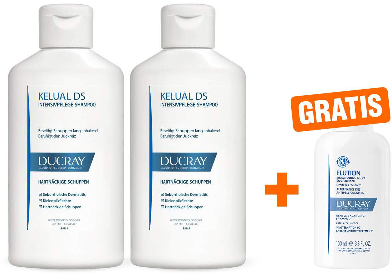 Ducray Kelual DS Shampoo 2 x 100 ml + gratis Elution ausgl.Shampoo 100 ml