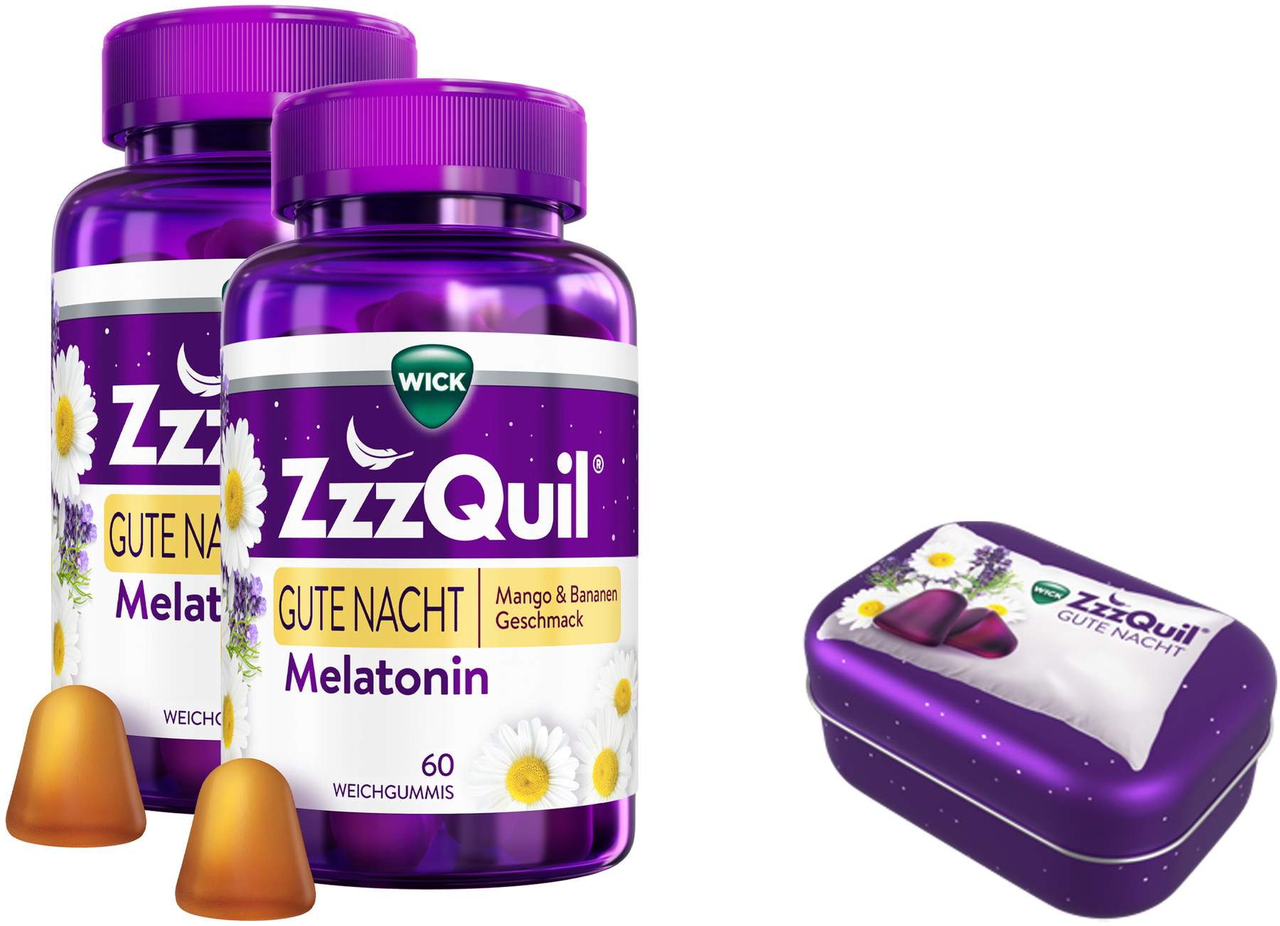 Wick ZzzQuil Gute Nacht Mango & Banane 2 x 60 Weichgummis + gratis Wick ZzzQuil Reise-Dose 1 Stück