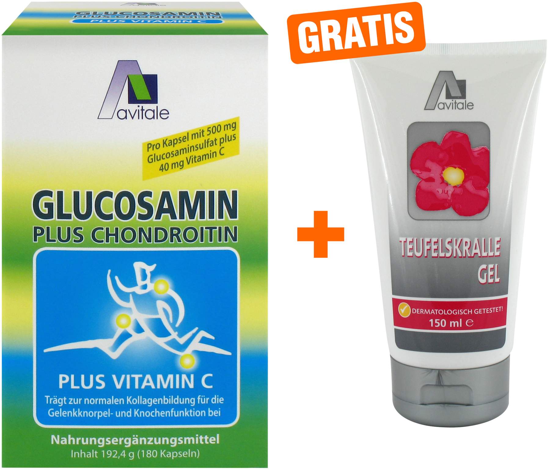 Glucosamin 500 mg + Chondroitin 400 mg + gratis Teufelskralle 150 ml Gel