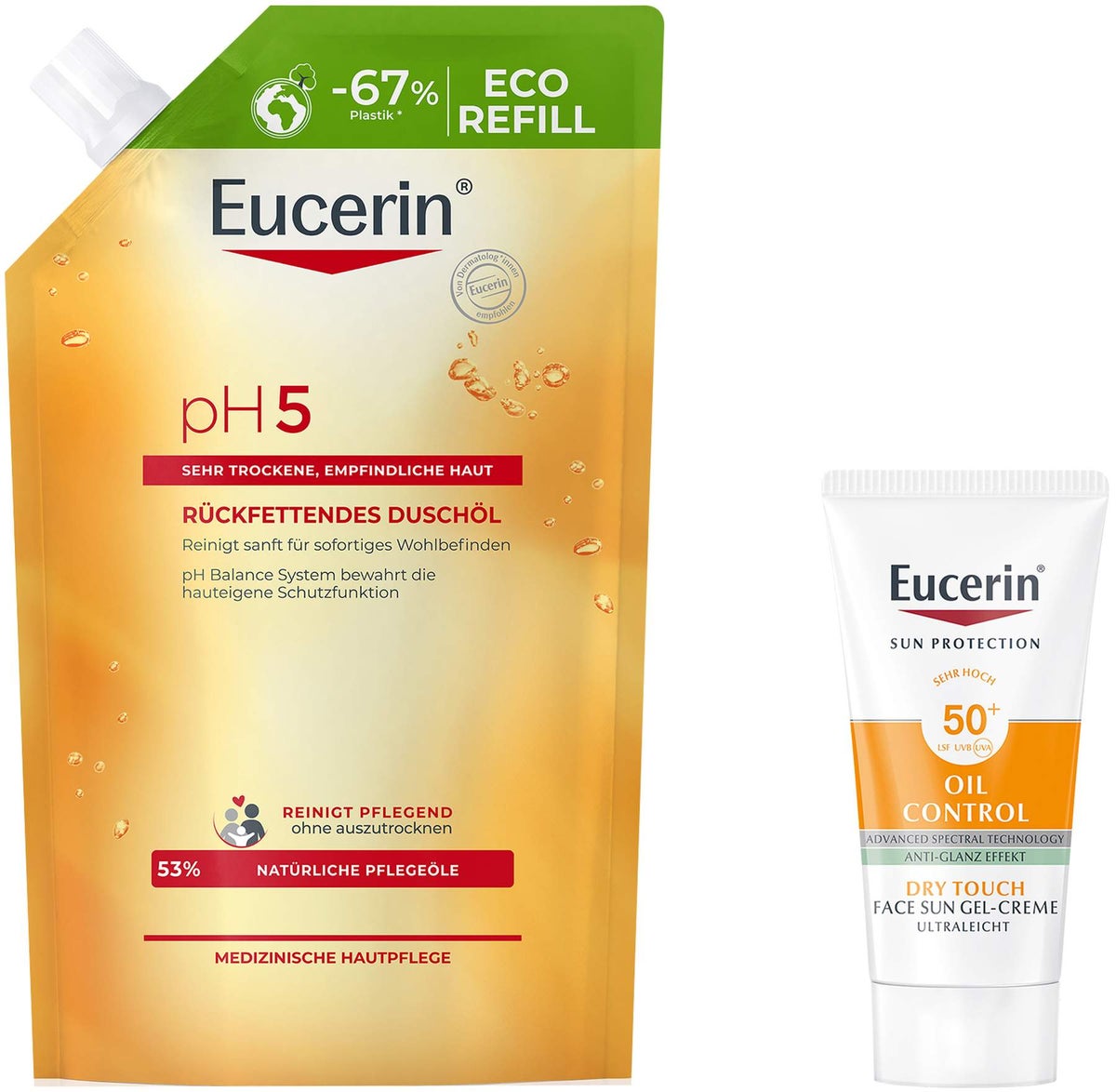 Eucerin pH5 Duschöl 400 ml Nachfüllbeutel empfindliche Haut + gratis Eucerin Sun Gelcreme Oil Control 20 ml