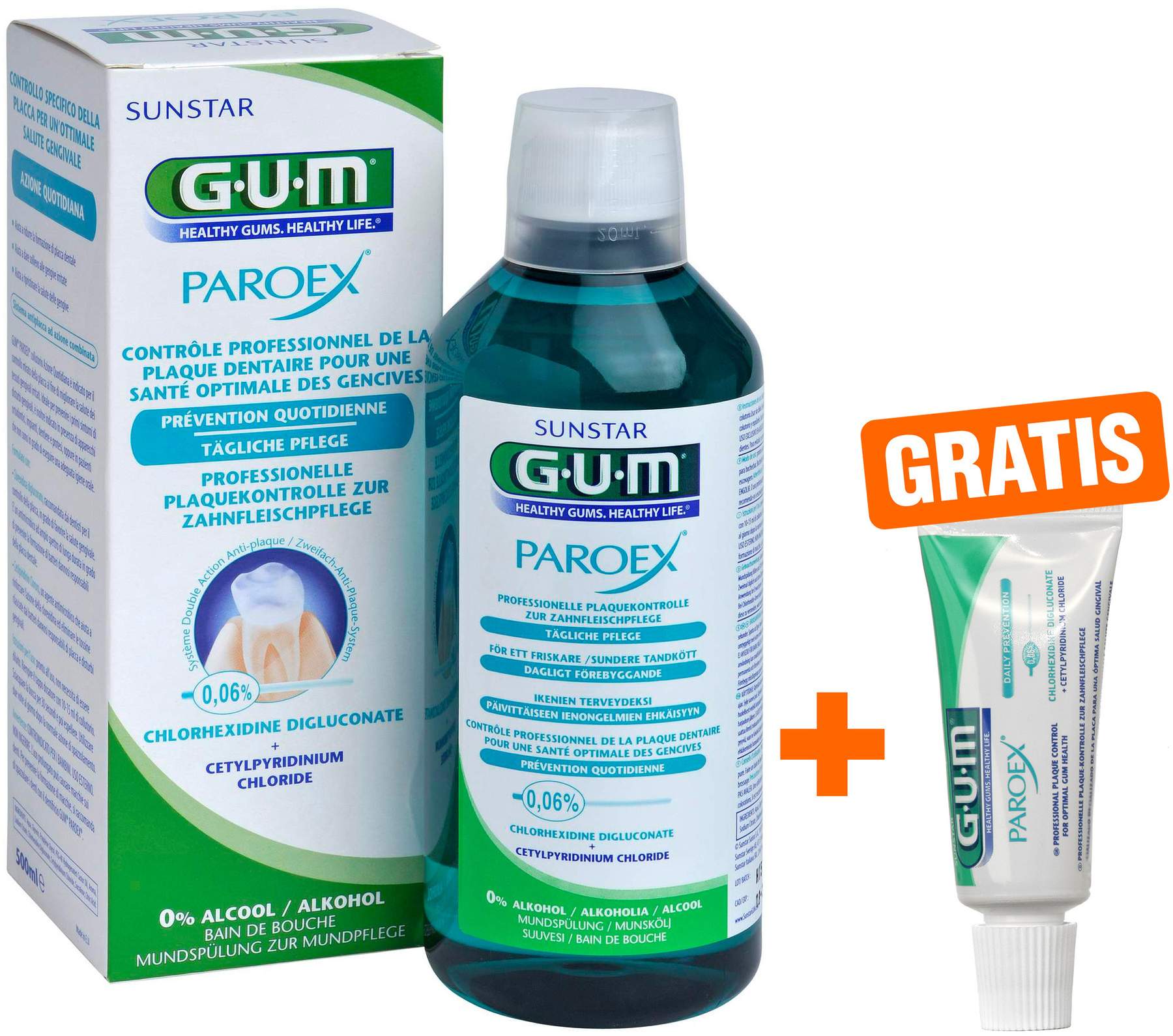 GUM Paroex 0,06 CHX Mundspülung + gratis Paroex CHX Zahnpasta 0,06% 12 ml