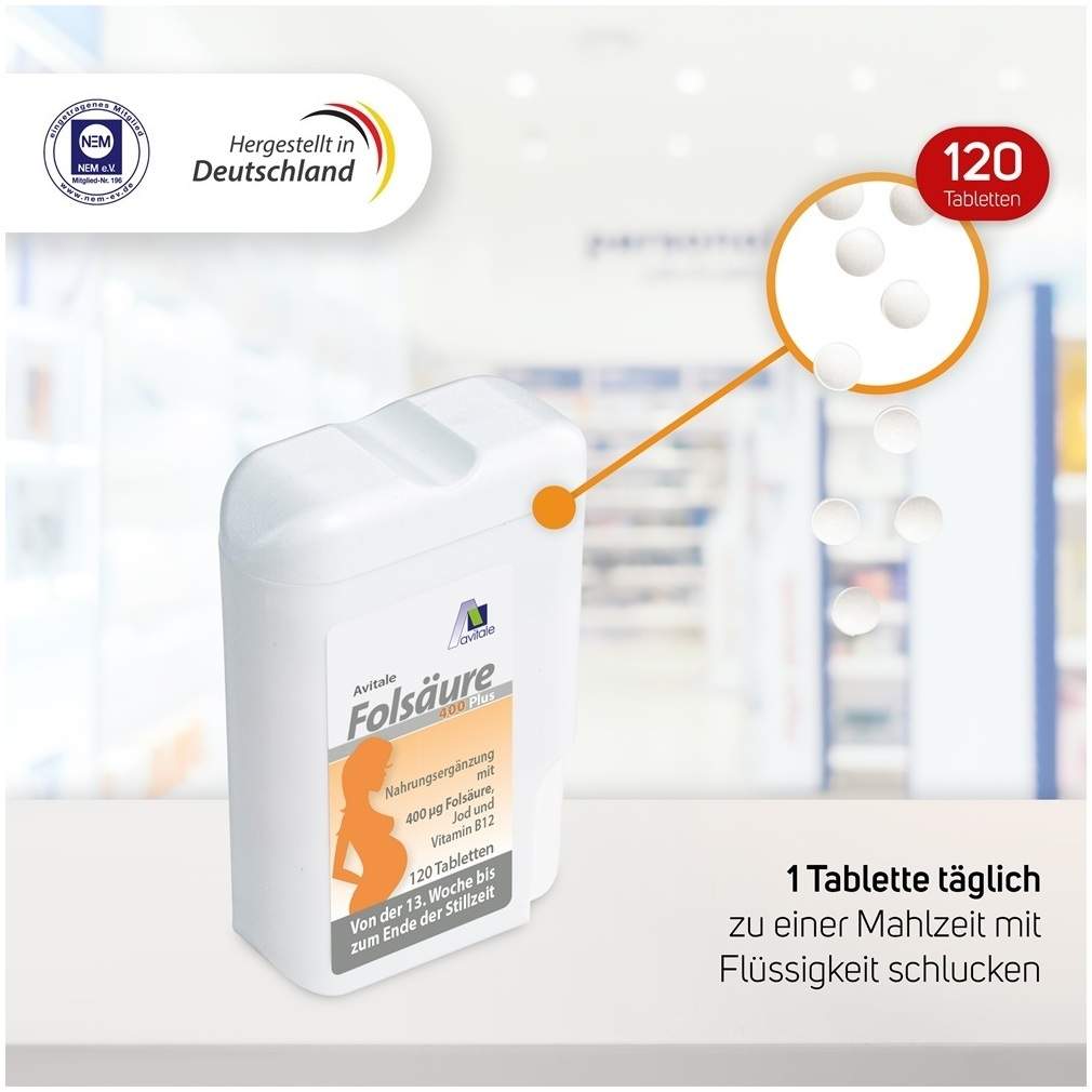 Folsäure 400 Plus B12 + Jod 120 Tabletten
