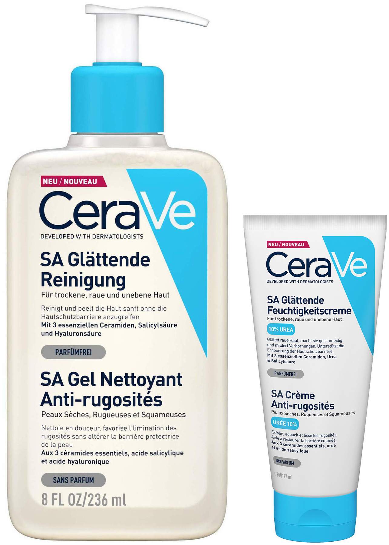 CeraVe SA Glättende Reinigung 236 ml + SA Urea Glättendee Feuchtigkeitscreme 177 ml