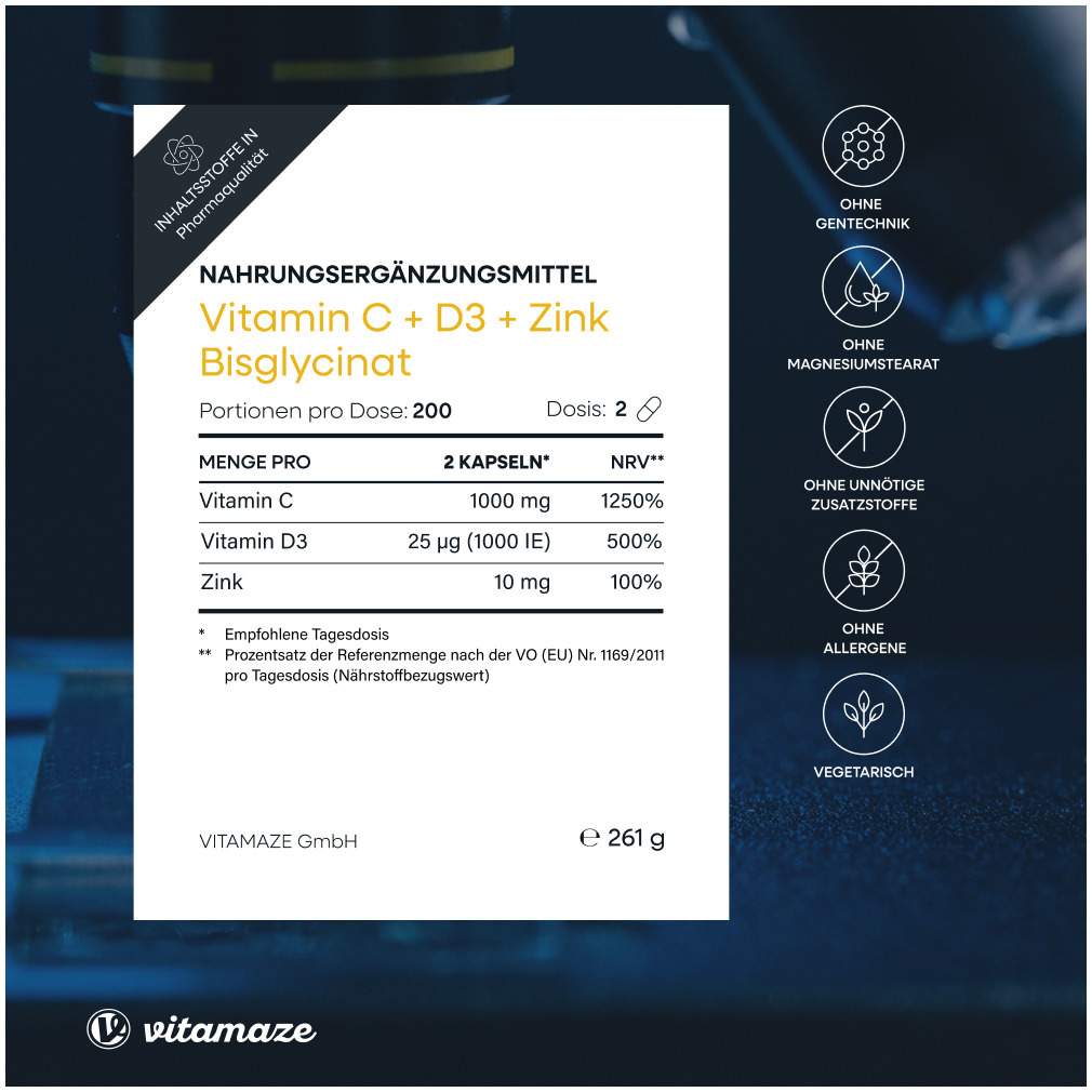 Vitamin C + D3 + Zink Bisglycinat vegetarisch 400 Kapseln