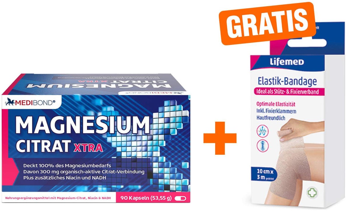 Magnesium Citrat XTRA Medibond 90 Kapseln + gratis ELASTIK-Bandage 10 cm x 3 m & Fixierklammern