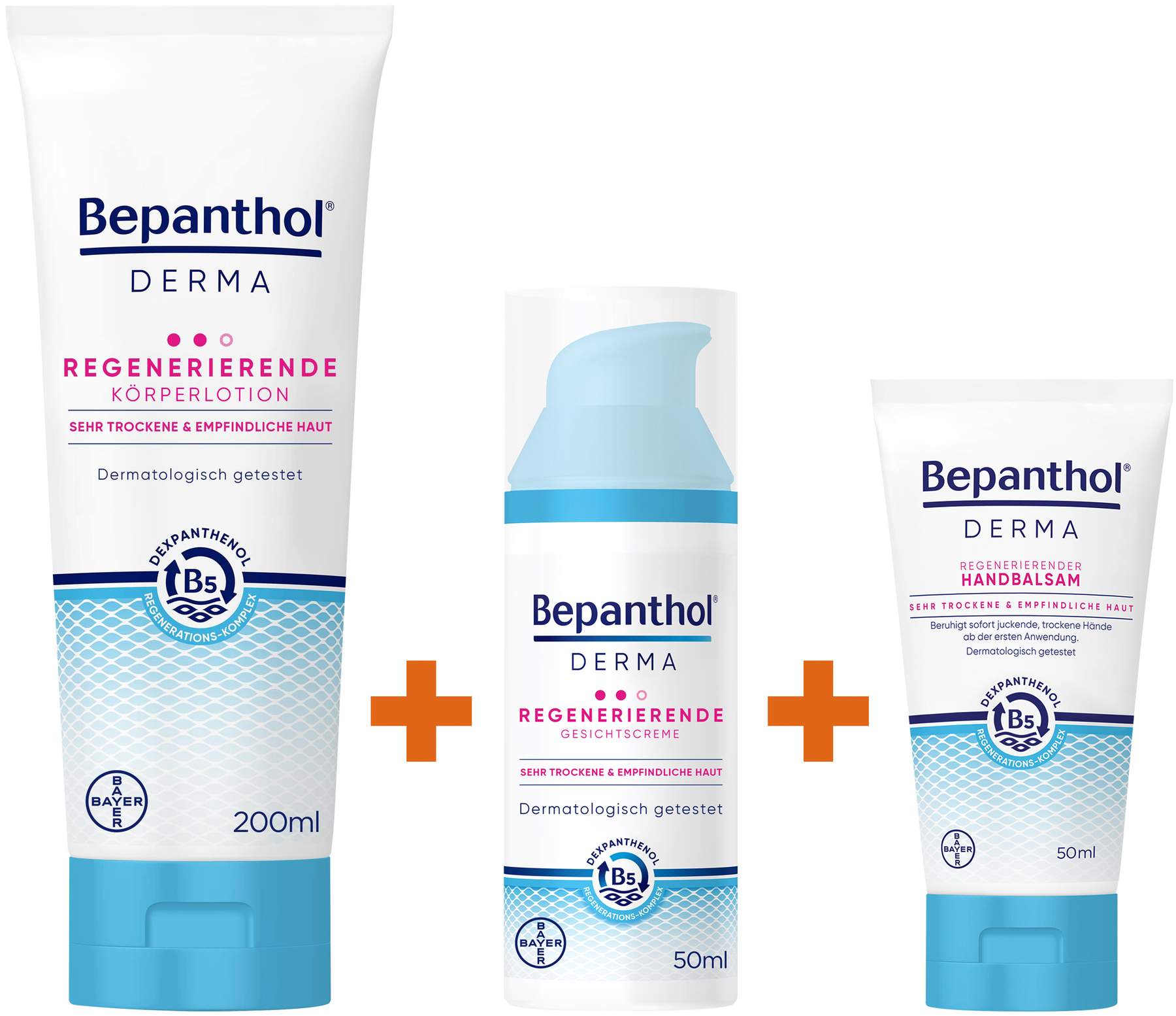 Bepanthol DERMA Regenerierende Körperlotion 200 ml Tube + Derma Gesichtscreme 50 ml + Derma Handbalsam 50 ml