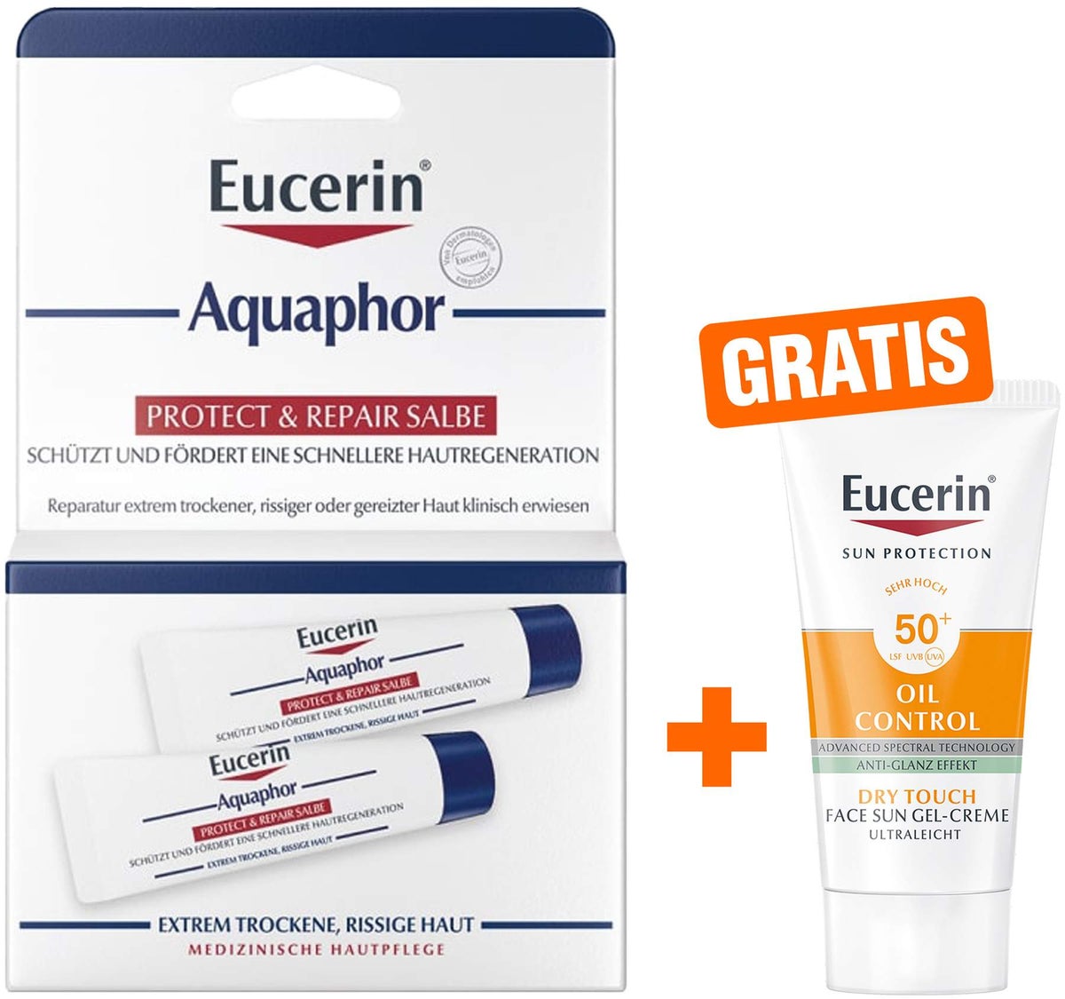 Eucerin Aquaphor Protect & Repair 2 x 10 ml Salbe + gratis Eucerin Sun Gel-Creme Oil Control 20 ml