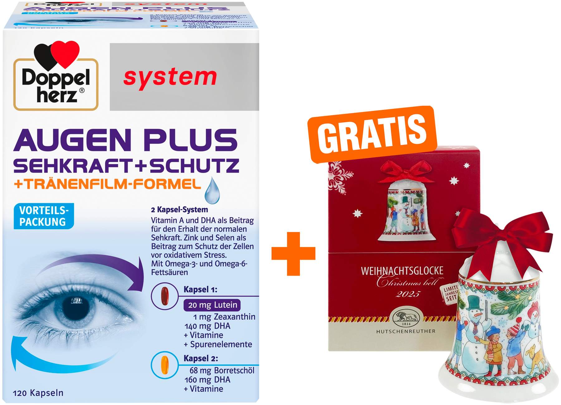 Doppelherz system Augen Plus Sehkraft + Schutz 120 Kapseln + gratis Hutschenreuther Weihnachtsglocke original 1 Stück