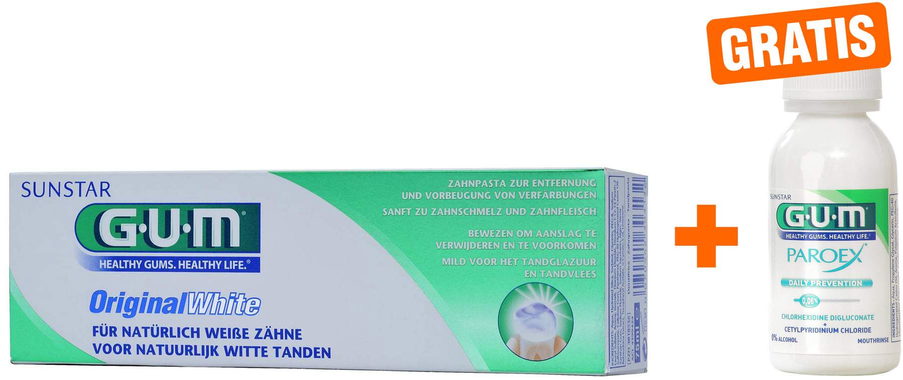 GUM Original White Zahnpasta 75 ml + gratis Paroex 0,06 CHX Mundspülung 30 ml