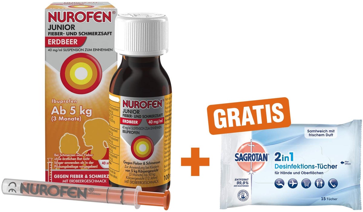 Nurofen Junior Fieber- & Schmerzsaft Erdbeer 40mg pro ml 100 ml + Sagrotan 2 in 1 Desinfektionstücher 15 Stück
