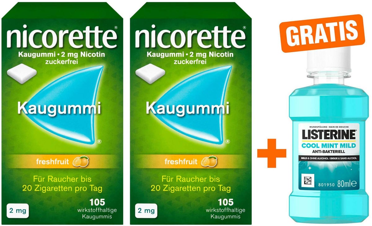 Nicorette 2 mg freshfruit Kaugummi 2 x 105 Stück + gratis Listerine Cool Mint 80 ml