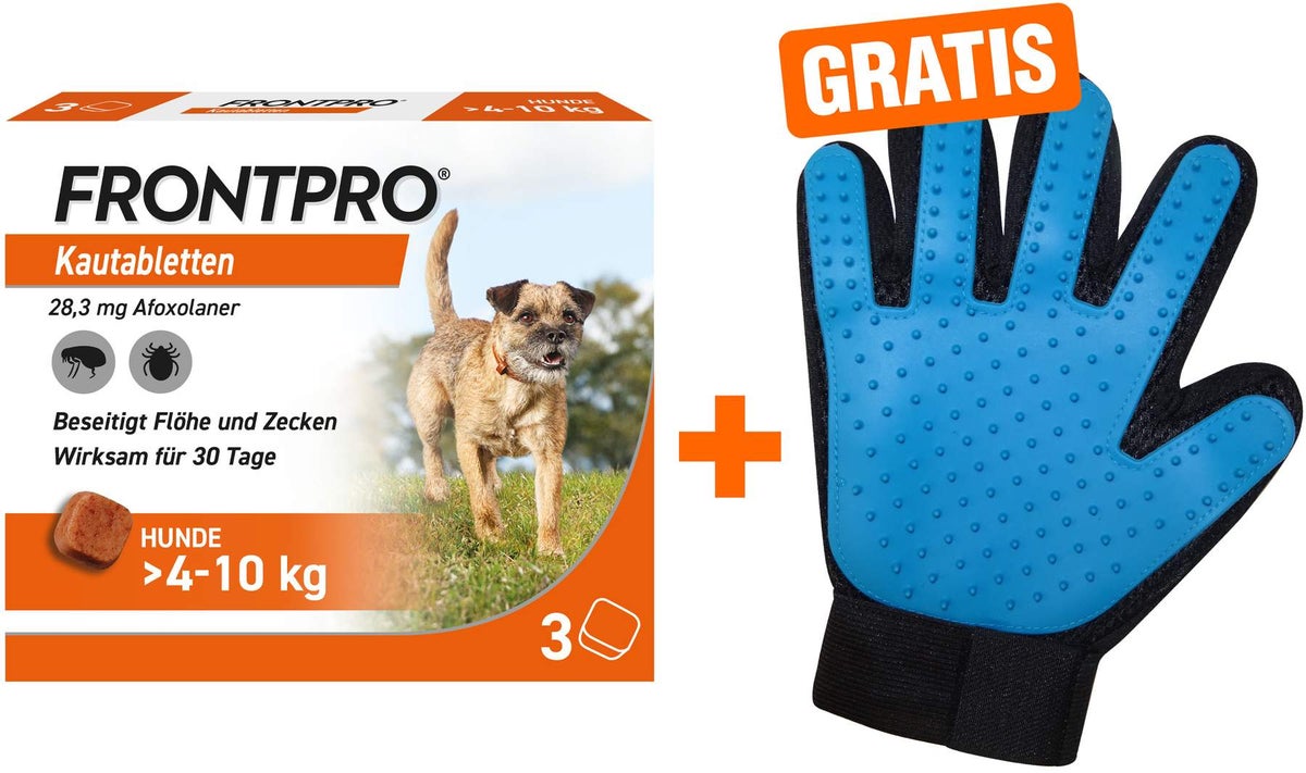 Frontpro 28,3 mg für Hunde 4-10 kg 3 Kautabletten + gratis Fellhandschuh