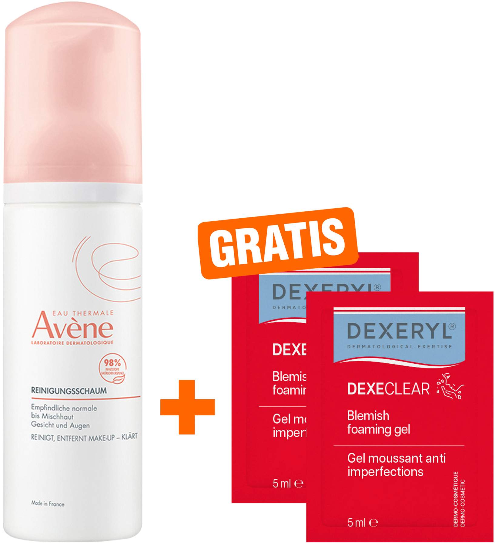 Avene Reinigungsschaum 150 ml + gratis Dexeryl Dexeclear schäumendes Reinigungsgel 2 x 5 ml