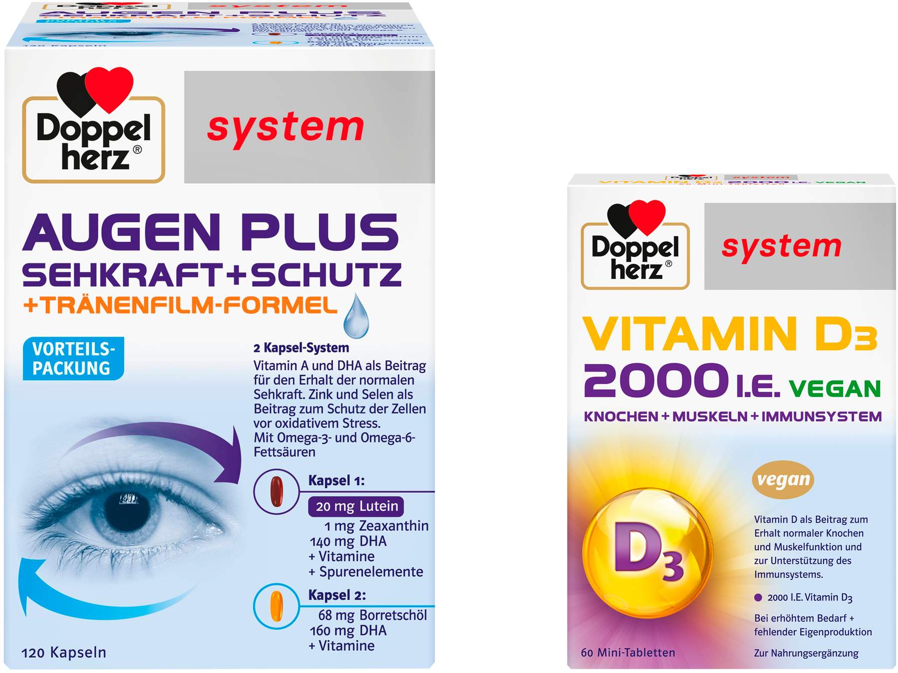 Doppelherz system Augen Plus Sehkraft + Schutz 120 Kapseln + gratis Doppelherz Vitamin D3 2000 I.E. vegan 60 Tabletten