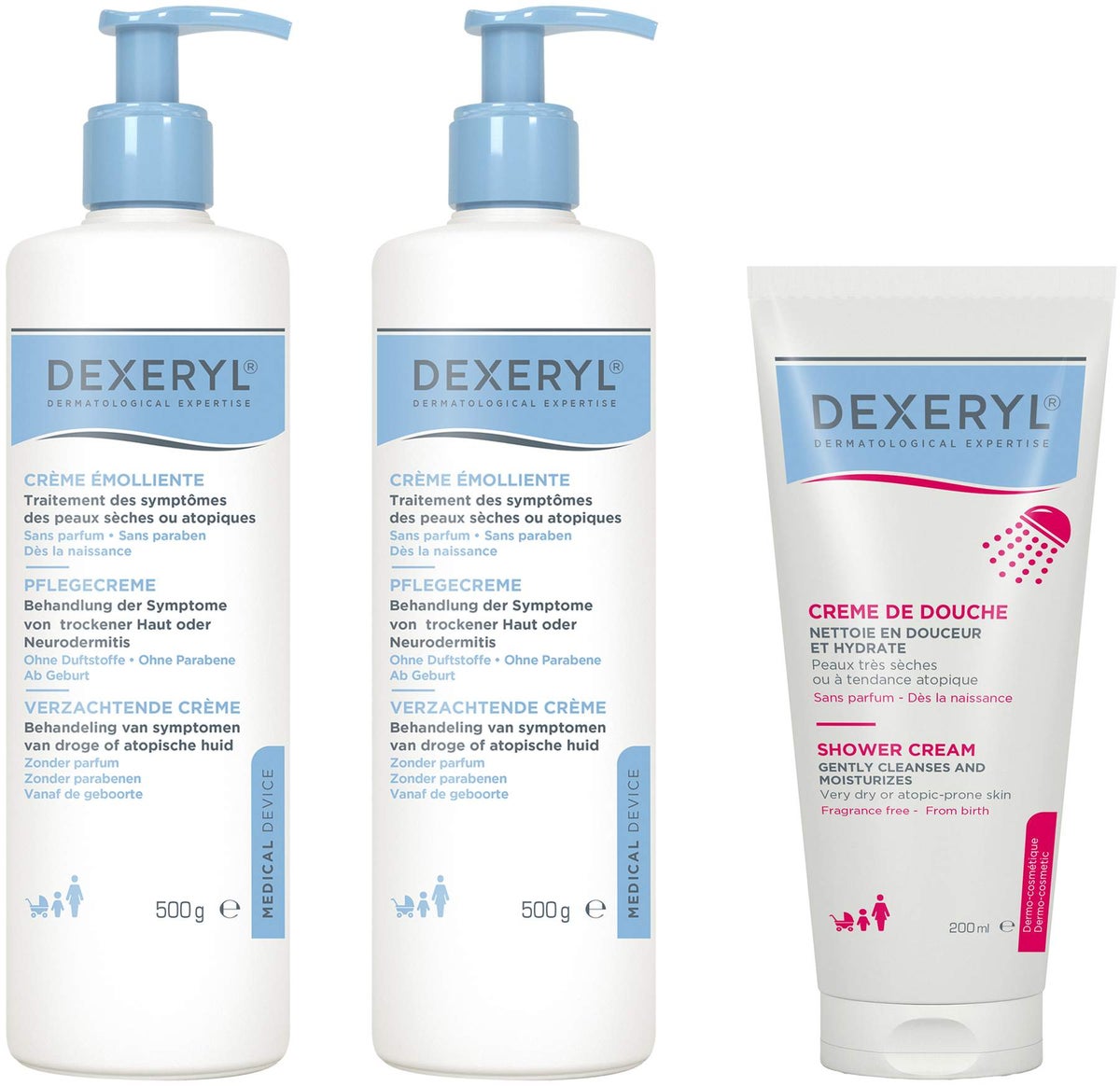Sparset Dexeryl Creme 2 x 500 g + Dexeryl Shower Duschcreme 200 ml