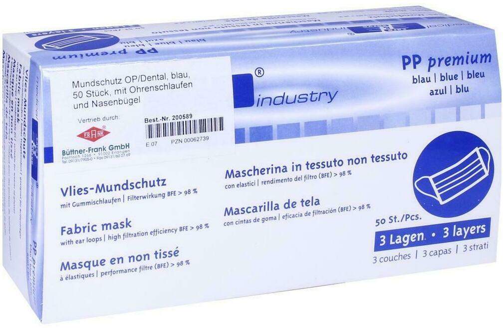 Mundschutz Op Mit Gummiband und Nasenbügel Blau 50 Stück