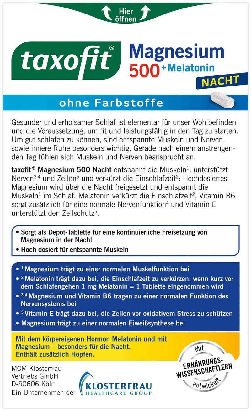 taxofit Magnesium 500 Nacht+Melatonin 30 Tabletten