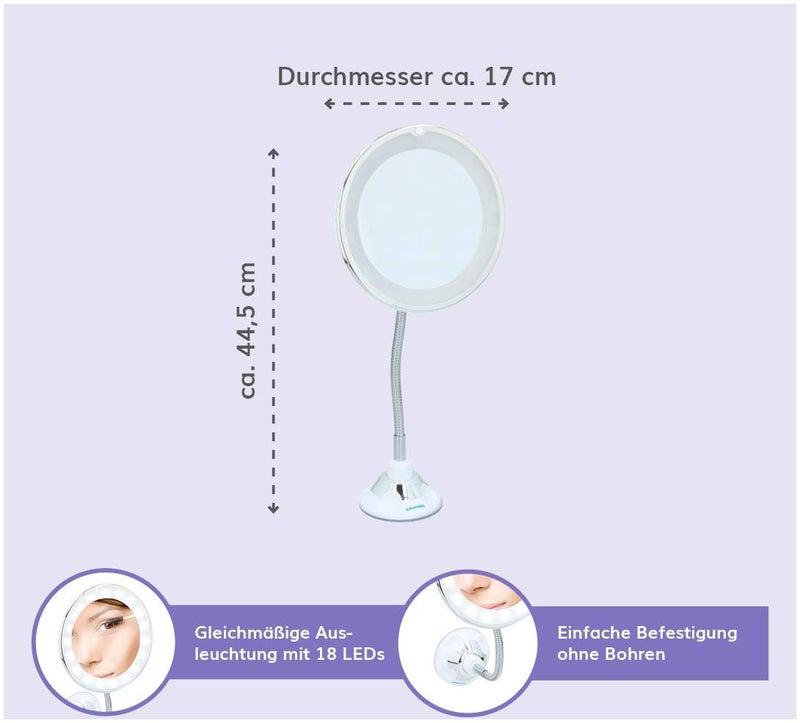 LED Kosmetik Spiegel mit Saugnapf und 18 LEDs, 10-fach Vergrößung sowie flexibler Wandhalterung