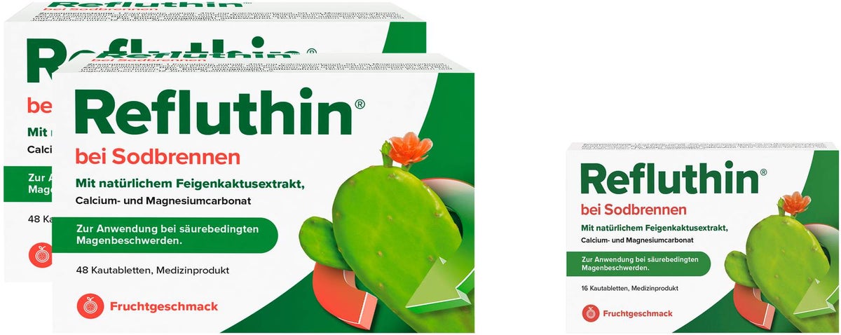 Refluthin Kautabletten Fruchtgeschmack 2 x 48 Stück + gratis 16 Kautabletten