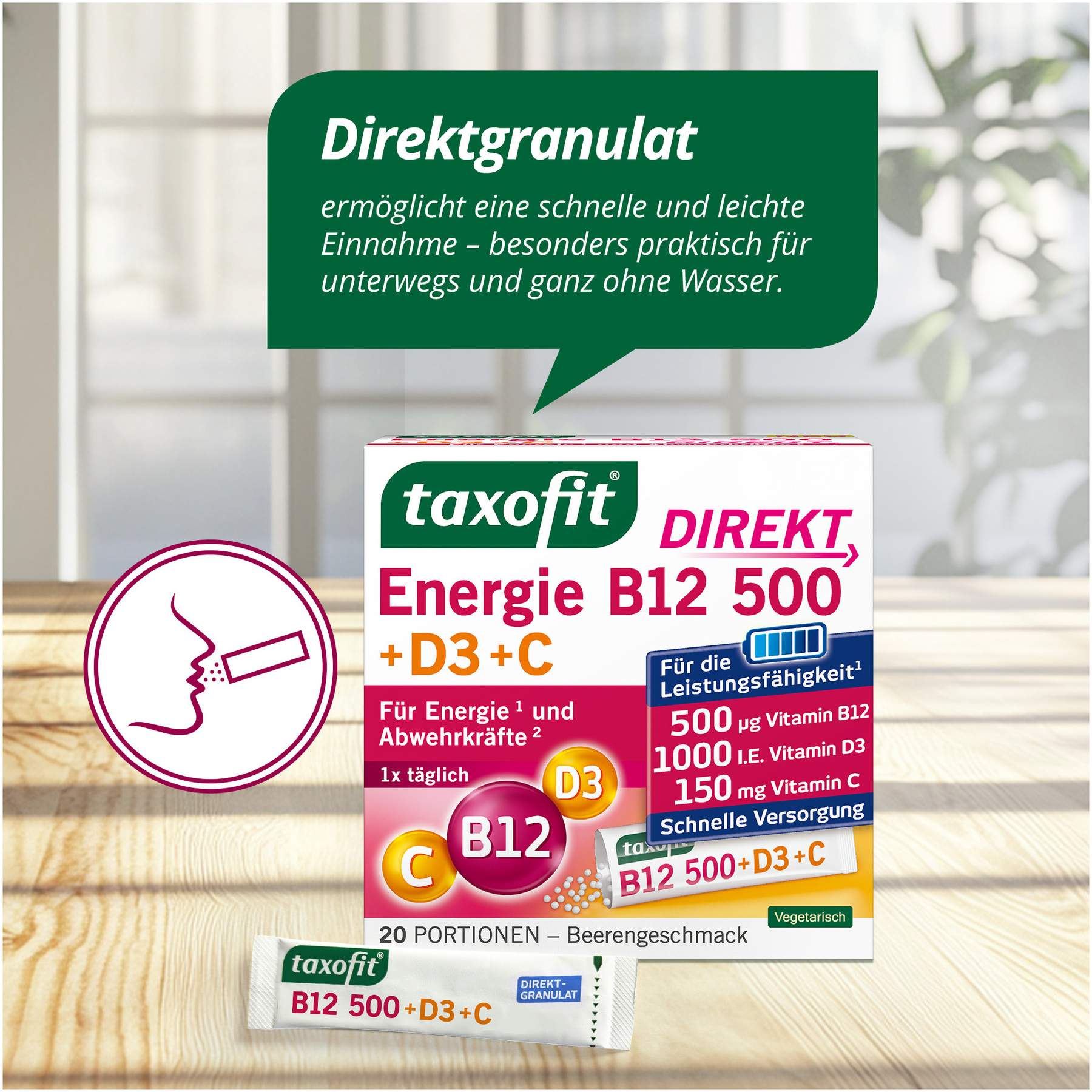 Taxofit Energie B12 500 + D3 + C Direkt Granulat 20 Beutel