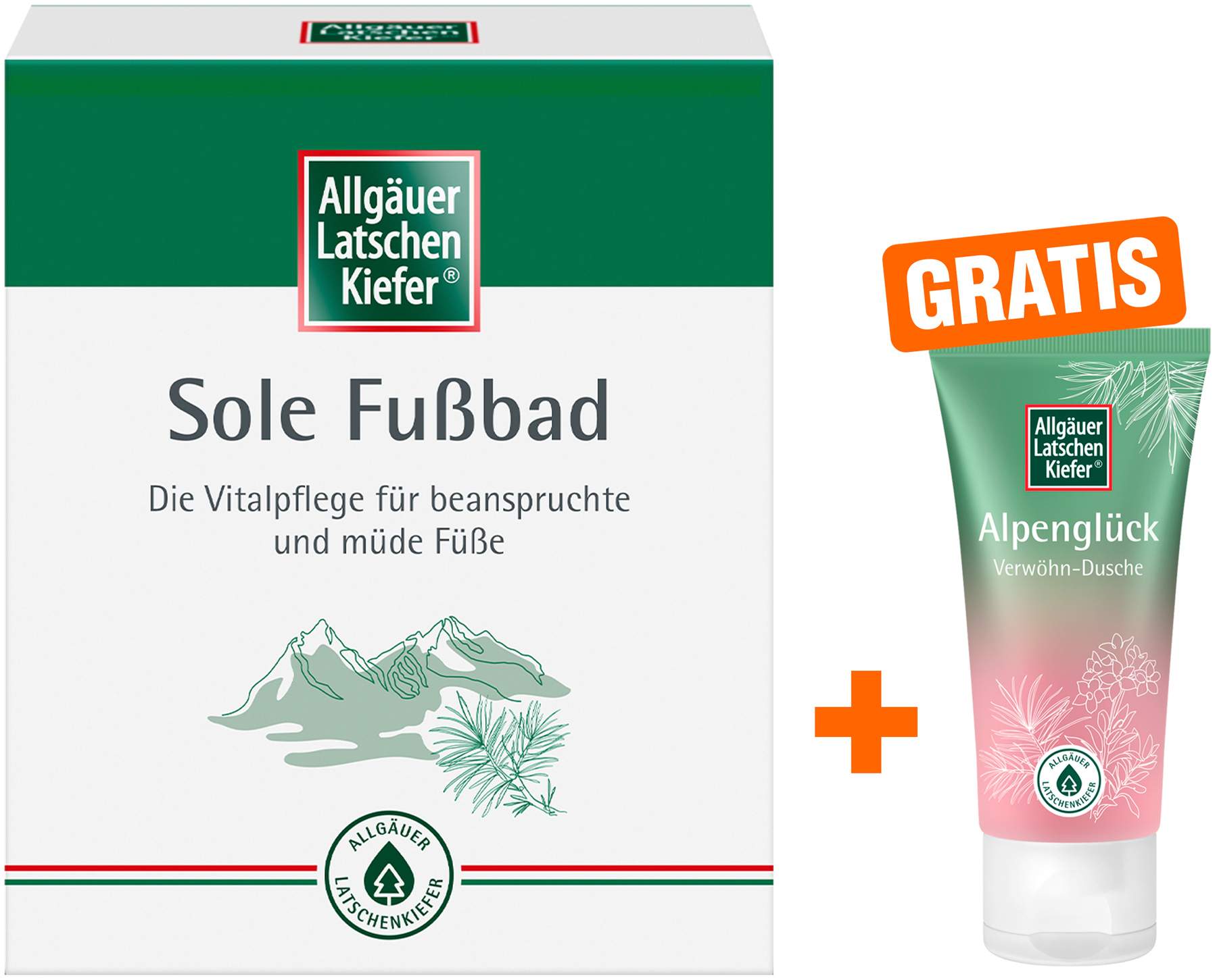 Allgäuer Latschenkiefer Sole Fuß- bad 10x10g Beutel + gratis Allgäuer Latschenkiefer Alpenglück Dusche 30 ml