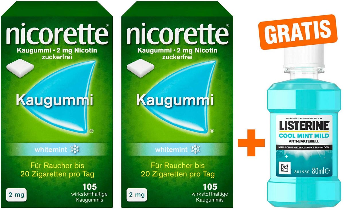 Nicorette Kaugummi 2 mg whitemint 2 x 105 Stück + gratis Listerine Cool Mint 80 ml