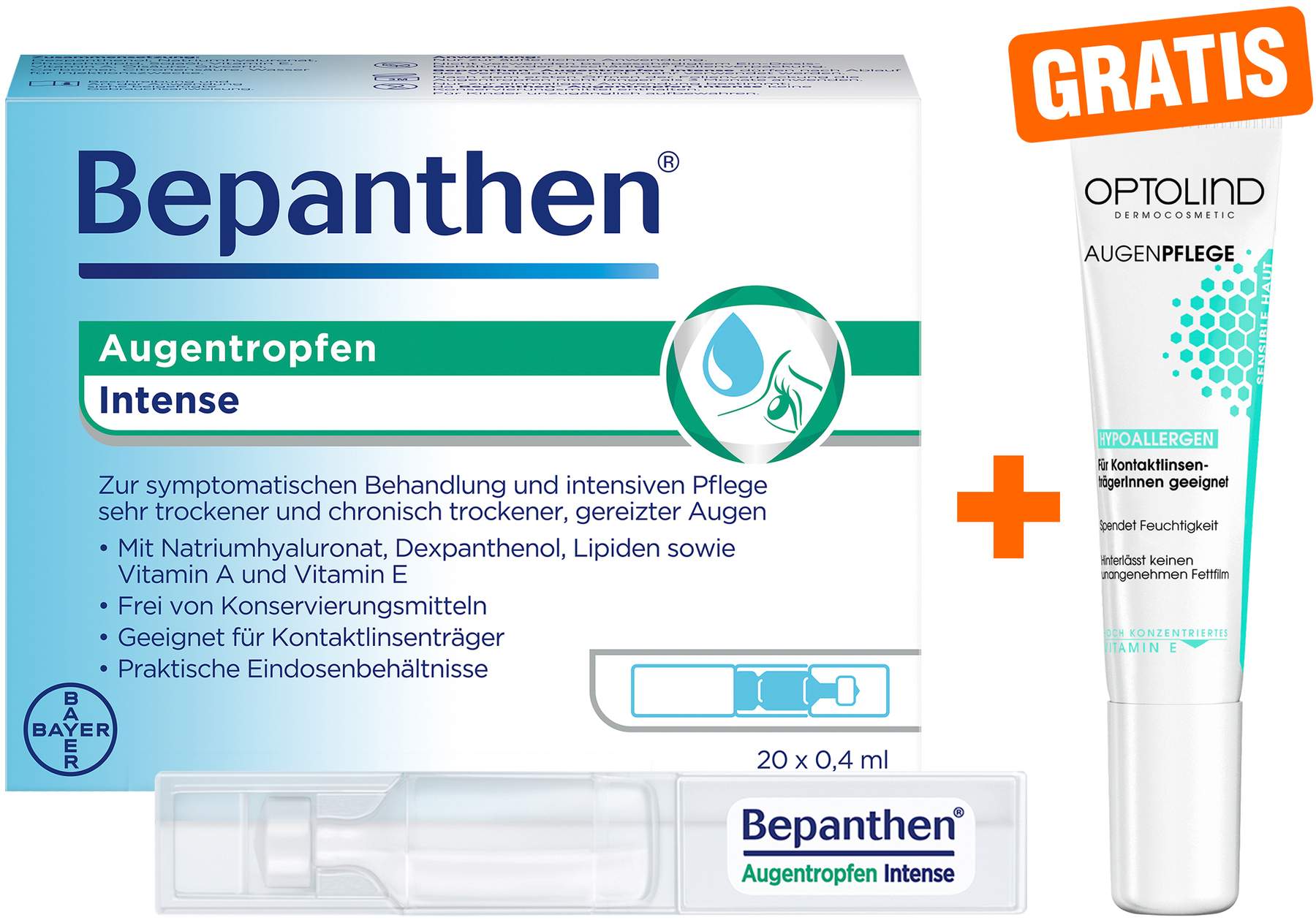 Bepanthen Augentropfen Intense 20 x 0,4 ml + gratis Optolind Empfindl. Haut Augenpflege 15 ml