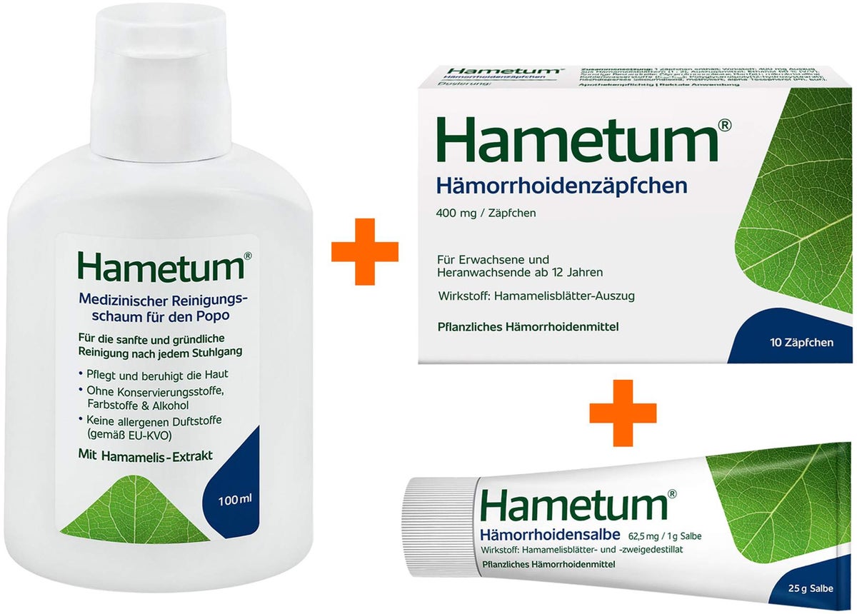 Hametum Medizinischer Reinigungsschaum 100 ml + Hämorrhoiden Salbe 25 g + Hämorrhoidenzäpfchen 10 Stück