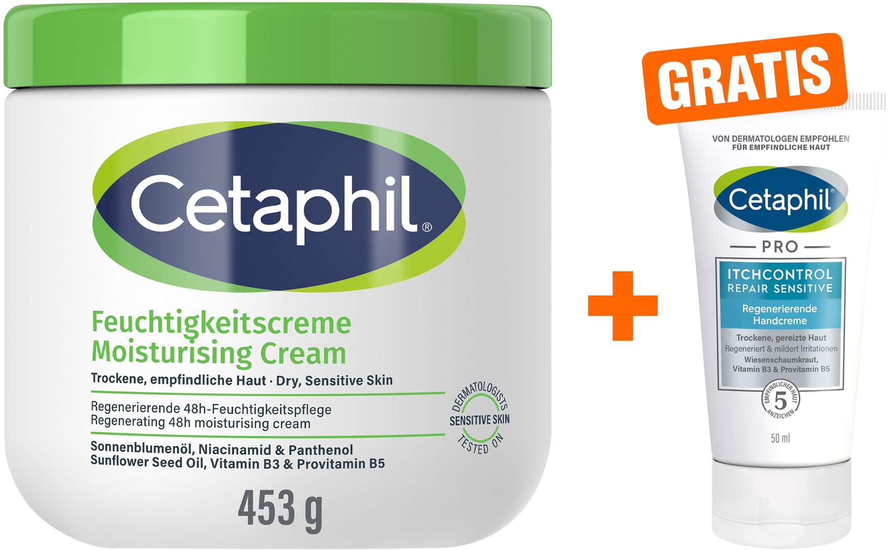 Cetaphil Feuchtigkeitscreme 453g + gratis Pro Itch Control Repair Sensitive regenerierende Handcreme 50 ml