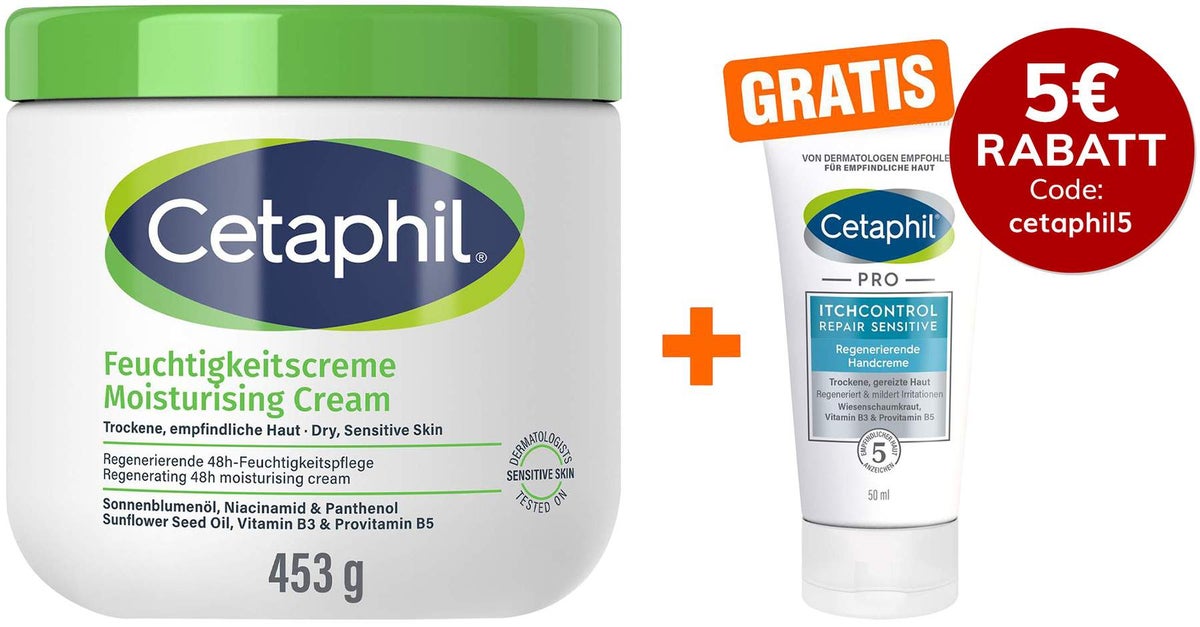 Cetaphil Feuchtigkeitscreme 453g + gratis Pro Itch Control Repair Sensitive regenerierende Handcreme 50 ml