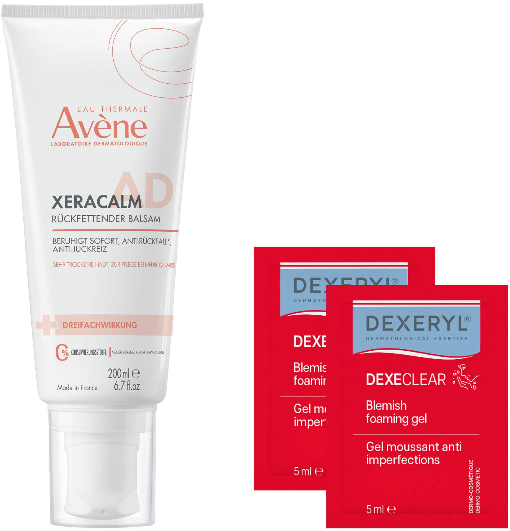Avene XeraCalm A.D Balsam 200 ml + gratis Dexeryl Dexeclear schäumendes Reinigungsgel 2 x 5 ml