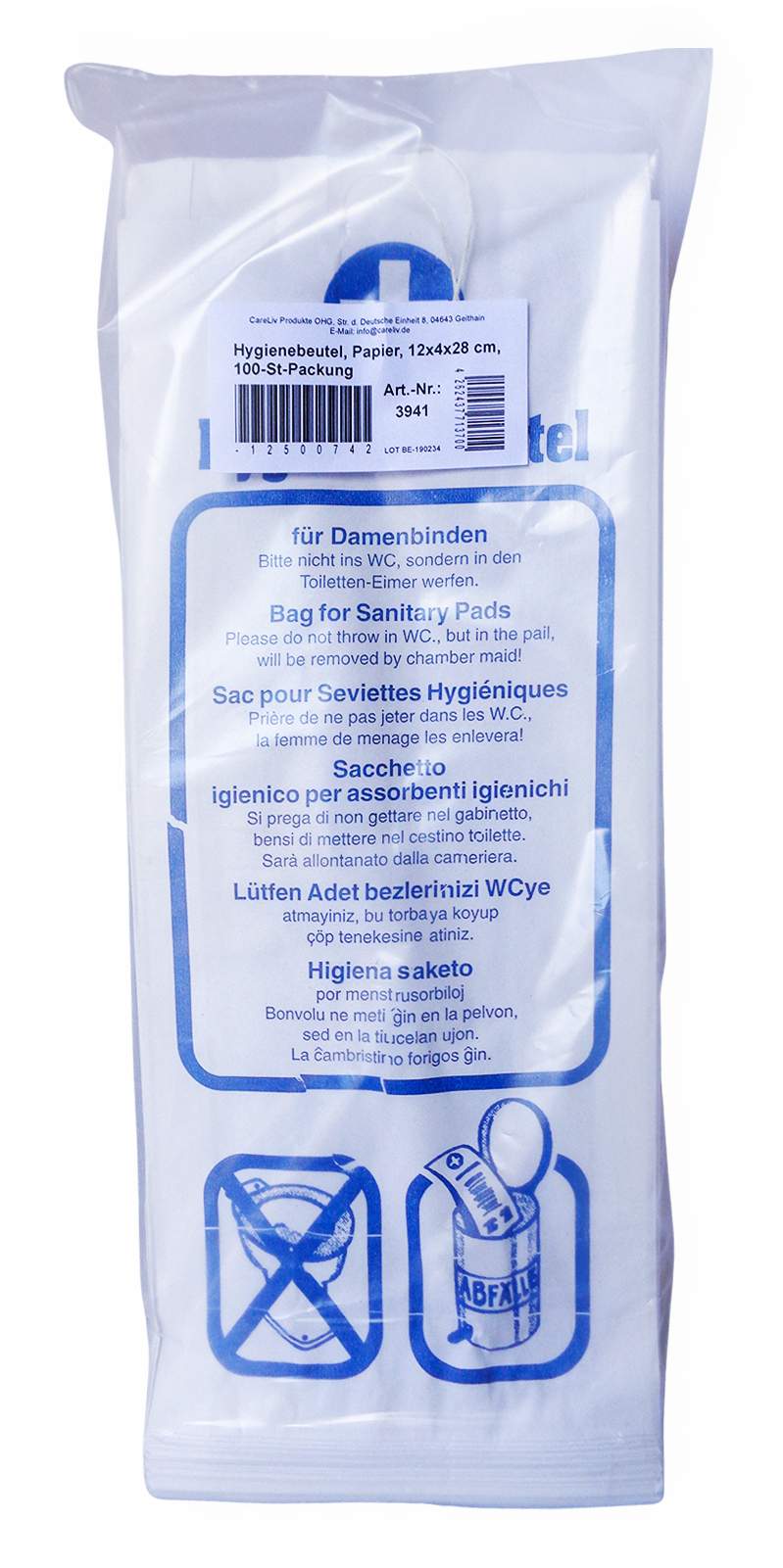 Hygienebeutel Papier 4x12x28 cm Grau