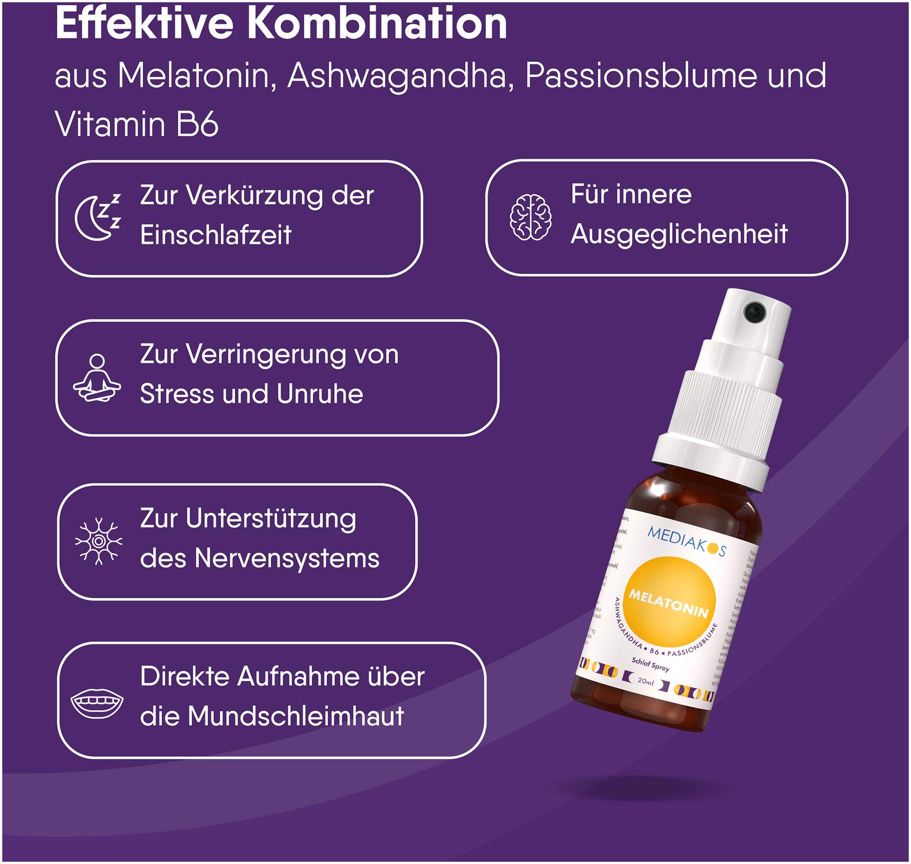 Melatonin Ashwagandha Mediakos Schlaf Spray Vegan 20ml