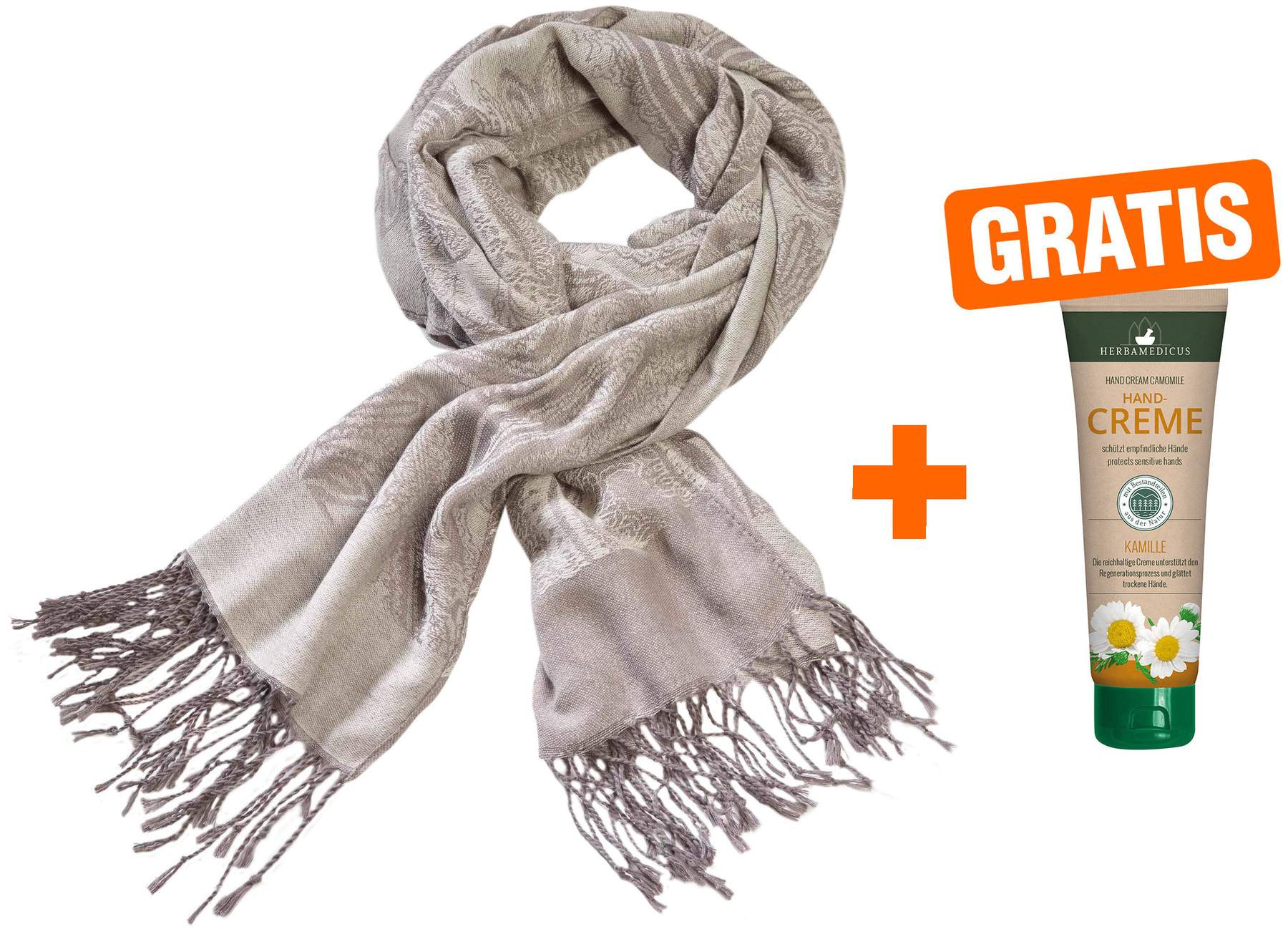 Schal mit Kaschmir, Elegant, grau + Handcreme Kamille Gratis