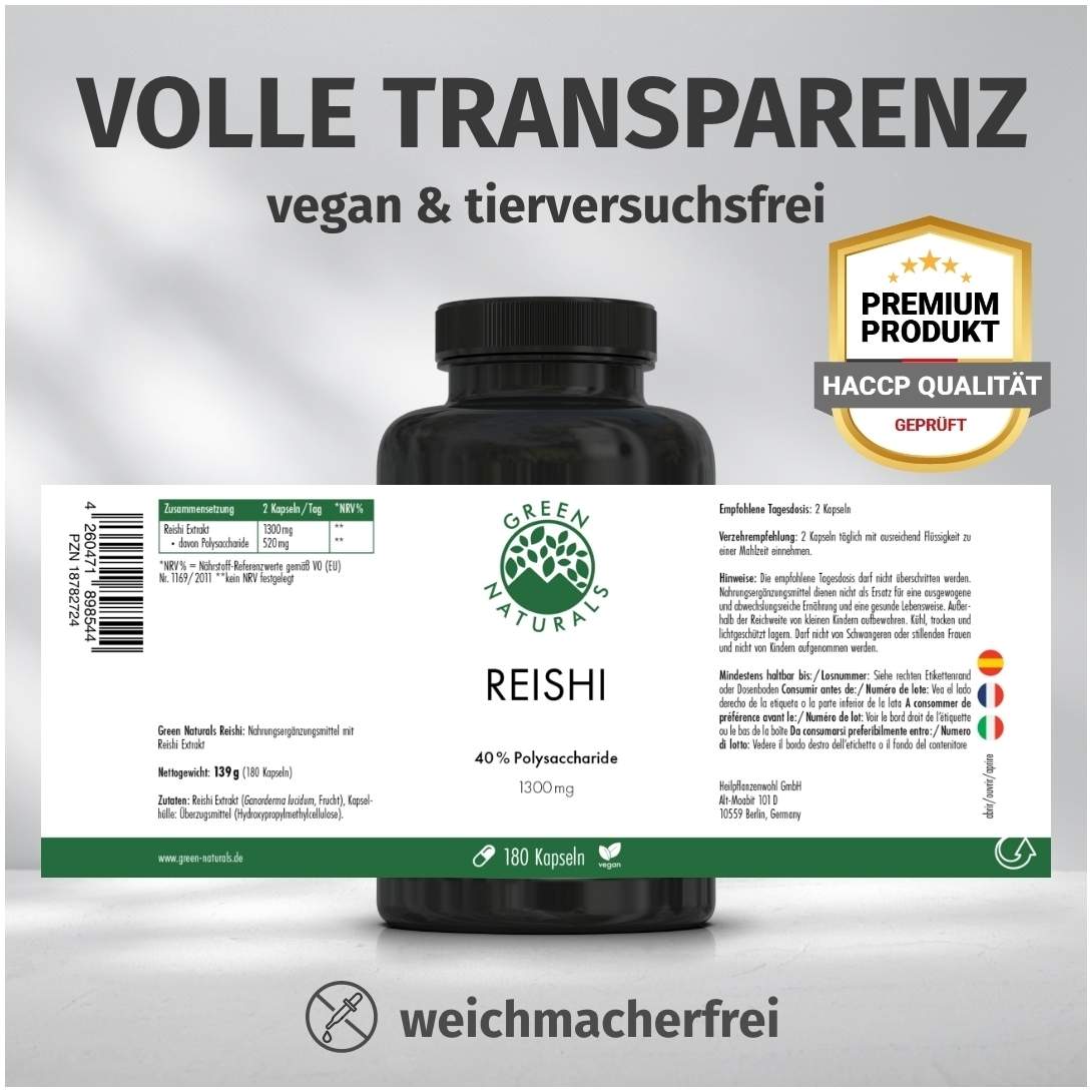 Green Naturals Reishi 650 mg Hochdosiert Vegan 180 Kapseln
