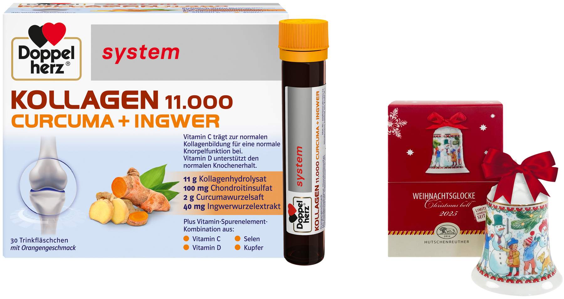 Doppelherz system Kollagen 11000 Curcuma + Ingwer 30 x 25 ml Ampullen + gratis Hutschenreuther Weihnachtskugel 1 Stück