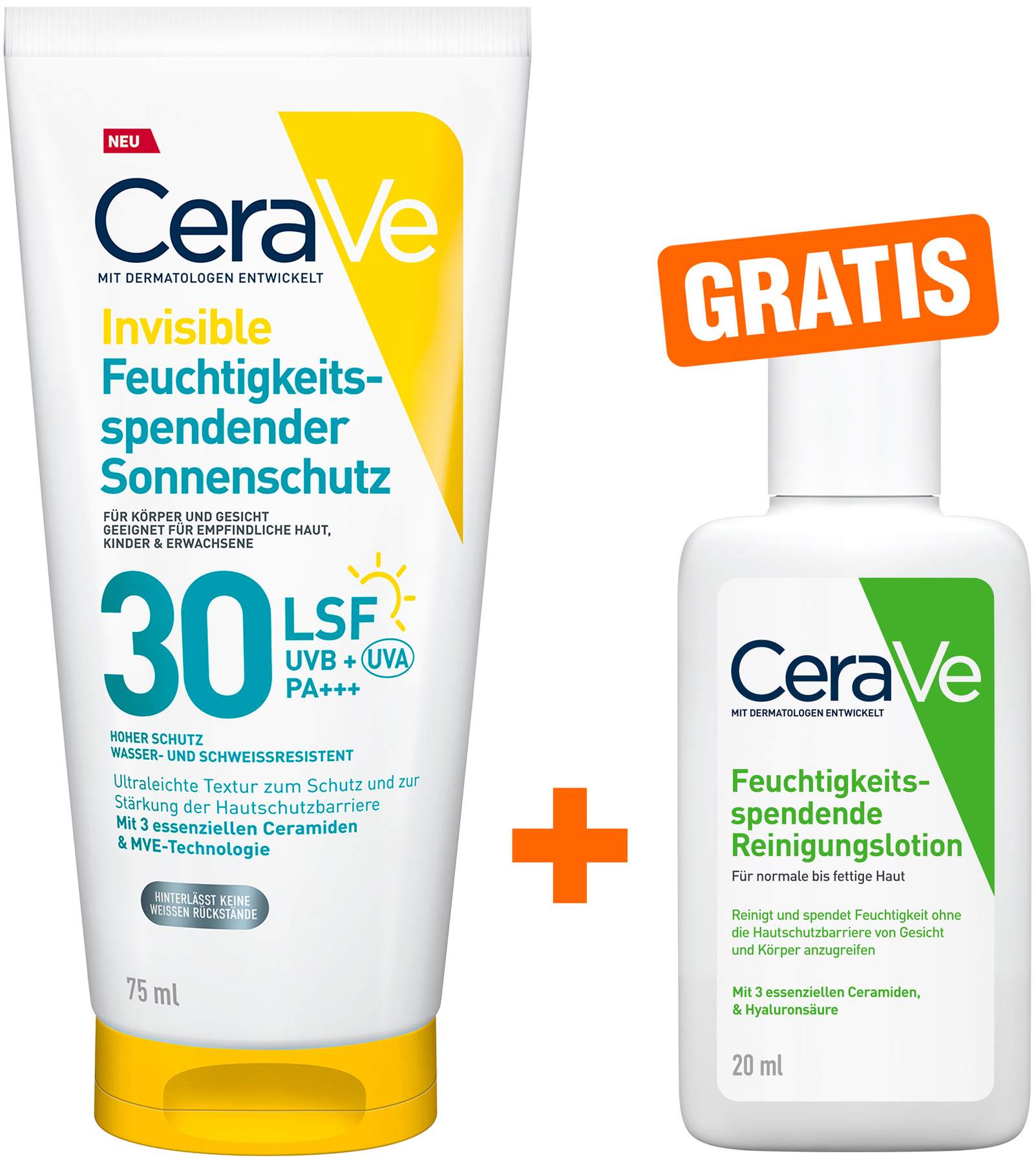 CeraVe Invisible Feuchtigkeitsspendender Sonnenschutz LSF 30 75 ml + gratis Feuchtigkeitsspendende Reinigungslotion 20ml