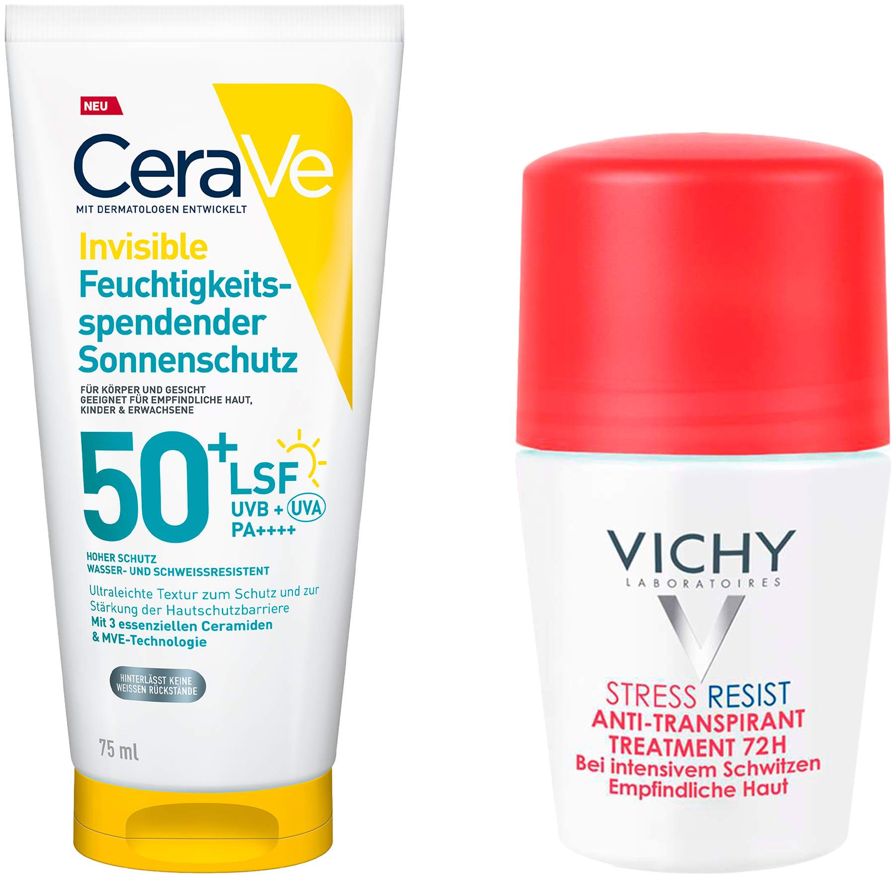 CeraVe Feuchtigkeitsspendender Sonnenschutz LSF 50+ 75ml + gartis Vichy Deo Stress Resist 72h 50 ml