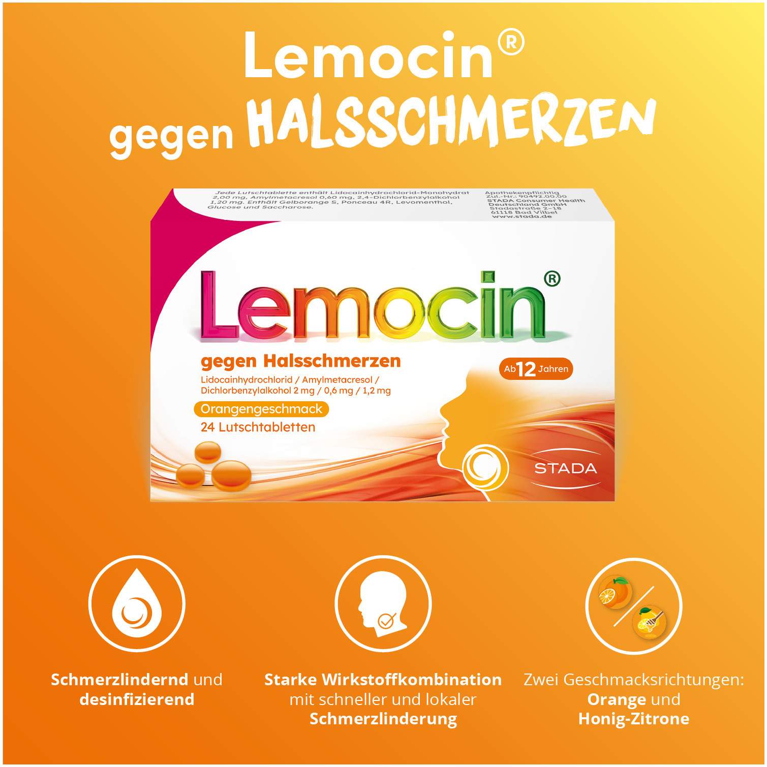 Lemocin gegen Halsschmerzen mit Orangengeschmack 24 Lutschtabletten