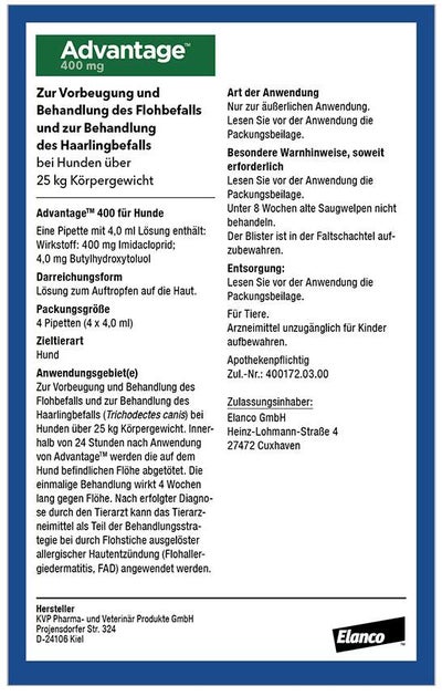 Advantage 400 Lösung Pipetten für Hunde ab 25 kg 4 Einzeldosispipetten