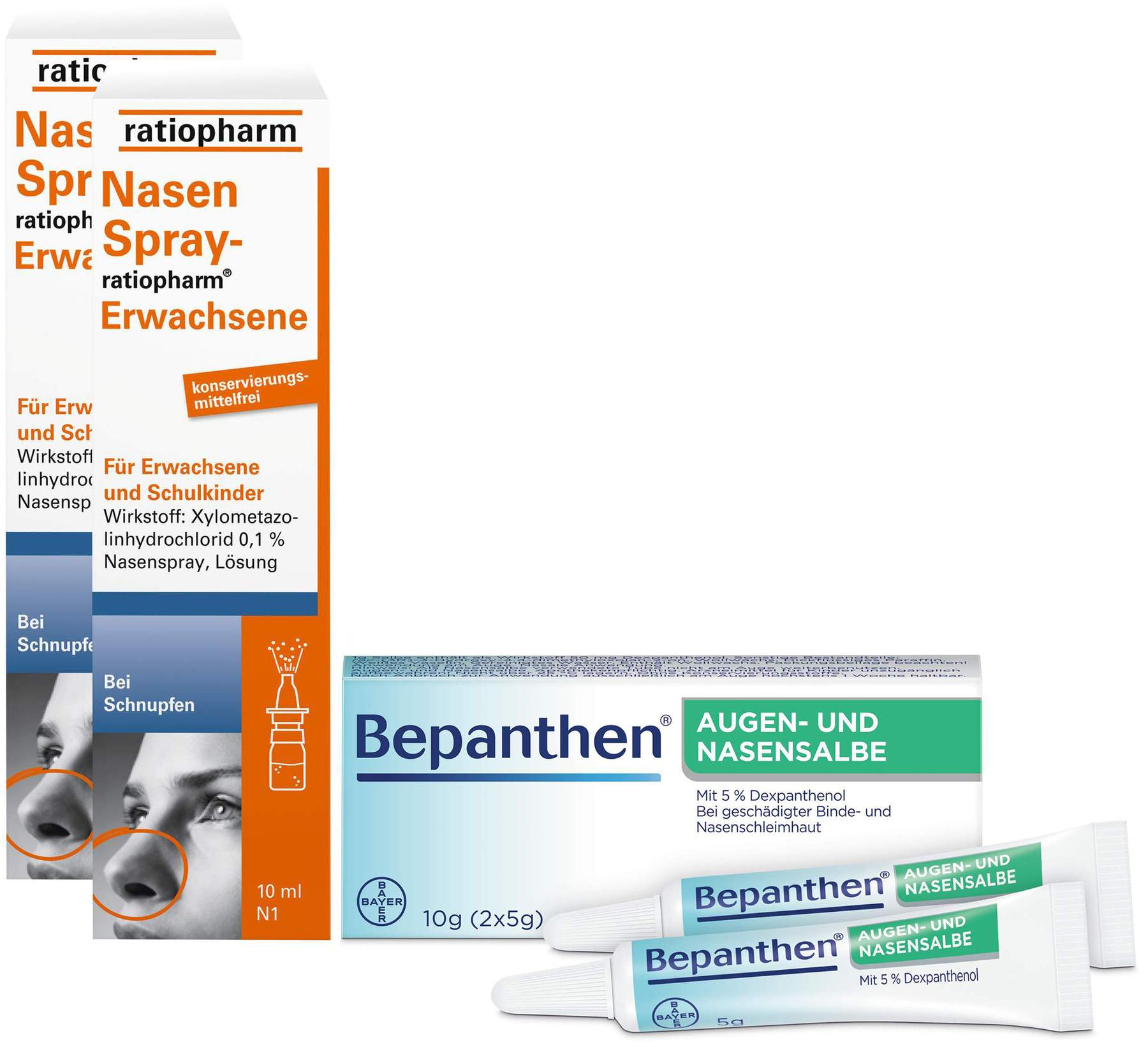 Nasenspray ratiopharm Erwachsene 2 x 15 ml + Bepanthen Augen- und Nasensalbe 10 g