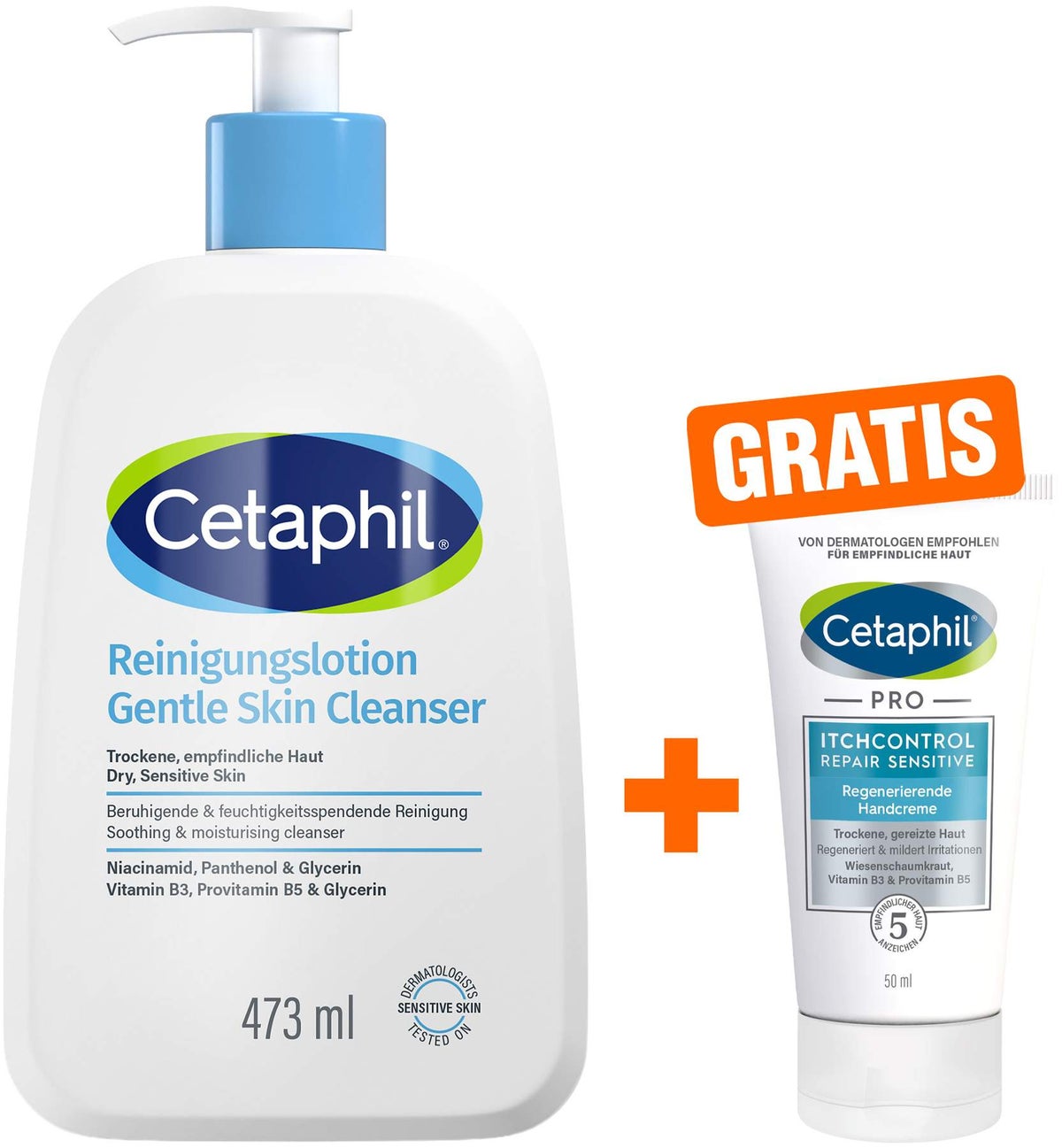 Cetaphil Reinigungslotion für Körper und Gesicht 473 ml + gratis Cetaphil Pro Itch Cotrol Repair Handcreme 50 ml