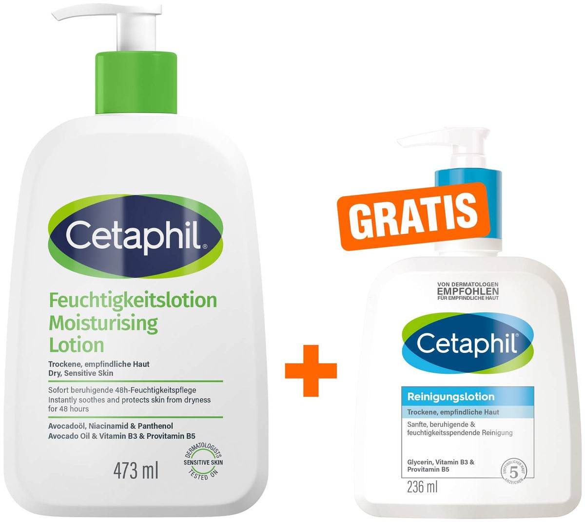 Cetaphil Feuchtigkeitslotion 473 ml + gratis Cetaphil Reinigungslotion 236 ml