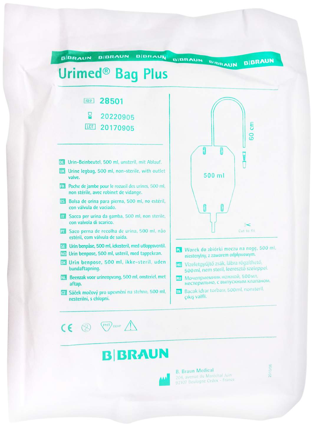 Urin Beinbeutel 500 ml Antirefluxventil 60cm
